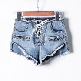 Women's Jeans Donsignet Bandage Short Burrs Women Washed Denim Shorts Pants Straight Jean Summer Clothing