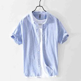 783 New Summer Men's Shirt Striped Solid Color Cotton Linen Square Collar Short-Sleeved Loose Casual Youth Male Top Tees Clothes H1218