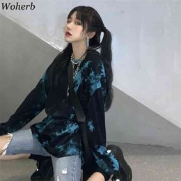 Harajuku Blue Tie Dyeing Women Men Plus Size T Shirt Long Sleeve Tops Tee Loose Streetwear Oversized T-shirts Korean 210519