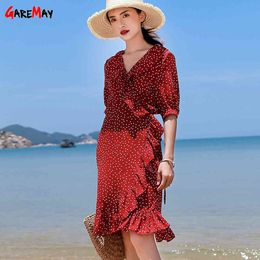 women's summer dress knee-length short polka dot vintage beach sunes ruffles ladies es 210428