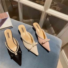 Spring/Summer Women Slippers Casual Slip On Pearl Design Bow Casual Shallow Slides Pumps Pink Shoes Low Heels Mules Size 35-39 210513