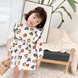 1-7T Toddler Kid Baby Girl Clothes Ruffle Heart Print Dress Elegant Cute Sweet Dress High waist Loose Spring Lovely Outfit Q0716