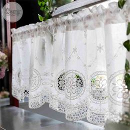 American Kitchen Curtains White Luxury Short Curtain with Embroidery Flowers Pastoral Door Coffee Half Curtain Window Decor 210913