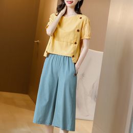 Women Cotton and Linen Wide-leg Pants Suit Female 2020 Summer New Ethnic Loose Retro Casual Two-piece Suit Boho Pants Set X0428