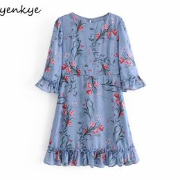 Chiffon Summer Dress Women Vintage Prairie Chic Floral Print Female O Neck Butterfly Sleeve Ruffle Short Robe 210430