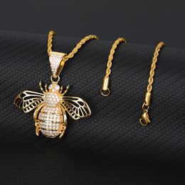 New Fashion CZl Zircon Hip Hop Cute Bee Pendant Necklace Gold Plated Chain Choker Gnat Honey Animal Jewellery for Women Men punk party Gift