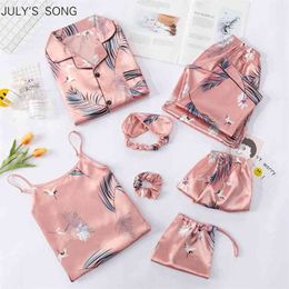 JULY'S SONG Fashion Women Pajamas Set 7 Pieces Stripes Faux Silk Printing Sleepwear Woman Suit Spring Summer Autumn Homewear 210830