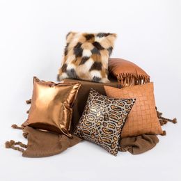 Animal Pattern Combination Leopard Print Plush PU Leather Tassel Cushion Office Seat Living Room Sofa Bay Window Pillow Cushion/Decorative