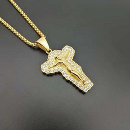 18k Gold Hip Hop Ring plated jesus's cross pendant unique religious catholic 316L Stainless Steel men women necklace Jewellery with stones