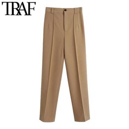 TRAF Women Fashion With Seam Detail Straight Pants Vintage High Waist Zipper Fly Office Wear Female Trousers Mujer 210915