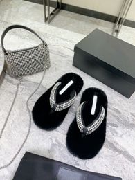 Autumn and winter women's clip toe Woollen flat slippers Rhinestone chain decoration high sense belt packaging