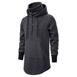 Men's Casual Black Hoodies Fashion High Collar Fleece Gothic Pullover Hip Hop Long Length Zipper Poncho Cape Cloak Hoodie Men Warm Sweatshirt Coat XH12