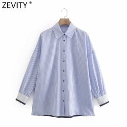 Zevity Women Vintage Rib Patchwork Striped Print Casual Loose Kimono Shirt Retro Ladies Blouse Roupas Chic Femininas Tops LS9029 210603