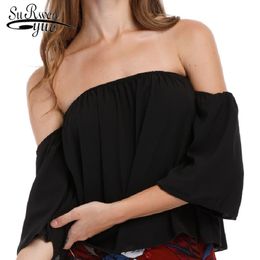 Sexy Strapless shoulder Loose top Women short word collar fashion women Flare sleeve summer blouses and tops 3728 50 210521