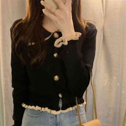 Neploe Knitted Cropped Cardigan Turn-down Collar Slim Fit Sweater Sweet Ruffles Black Sueter Coat Femme Ropas 94704 210922