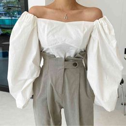 Spring Elegant Slash-Neck Cotton Blouse Women Chic Loose Puff Sleeve Solid Shirt Sexy Strapless Slim Tube Top Blusas 12867 210521