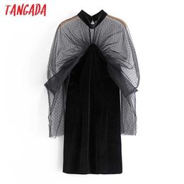 Tangada Fashion Women Solid Mesh Patchwork Velvet Dress Puff Long Sleeve Ladies Sexy Party Dress Vestidos 3H443 210609