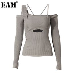 [EAM] Hollow Out Gray Knitting Sweater Loose Fit Slash Neck Long Sleeve Women Pullovers Fashion Autumn Winter 1DD2267 210914