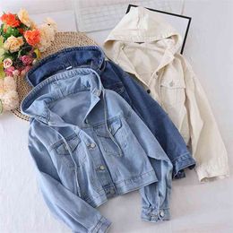 Women Double Pockets Hooded Coat Single Breasted Denim Jacket Autumn Solid Colour Simple Long Sleeve Tops GK508 210507