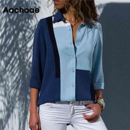 Aachoae Women Blouses Fashion Long Sleeve Turn Down Collar Office Shirt Blouse Shirt Casual Tops Plus Size Blusas Femininas 210323