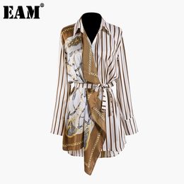 [EAM] Spring Autumn Lapel Long Sleeve Striped Pattern Split Joint Irregular Big Size Shirt Women Blouse Fashion JQ490 21512