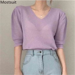 Korean V-neck Solid Knitted T-shirts Tops Women Summer Short Sleeve Loose Fashion Casual Ladies Tees Tshirts Femme 210513