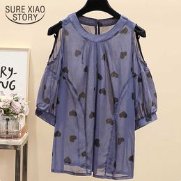 women chiffon shirt short sleeve Love dew shoulder clothes summer printing O-neck loose casual womens tops 4647 50 210527