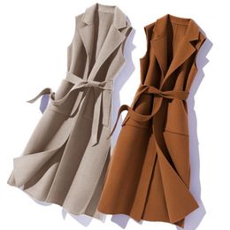 Woolen Autumn Spring Women Middle Long Waist With Belt Ladies Vest Jacket Coat Gilet Femme Fashion Favourite Berserk 1 Pc 210817
