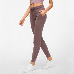 NWT Waist Drawstring Pants Fitness Women Sweatpants with Two Side Pockets 4-Way Stretch Leggings Lady Stretchy Pants 211105