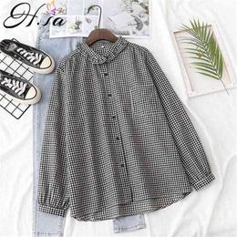 HSA Women Spring Summer Black Plaid Blouse and Shirts Pet Pan Collar Cute Sweet Oversized Blouses Retro Button up 210430