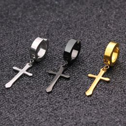 1 Pcs Stainless Steel Clip On Non Piercing Earrings For Women Men Black Gold Colour Cross Gothic Punk Rock Drop Pendiente