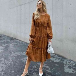 Holiday Spring Dot Print Long Maxi Dress Elegant Sleeve Ruched Women Party Ladies Ruffles Tunic A Line Dresses Femme Robe 210517