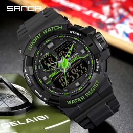 SANDA New Mens Waterproof Sports Watch LED Luminous Quartz Watch Automatic Date Dual Display Clock Fashion Watch Reloj de hombre G1022