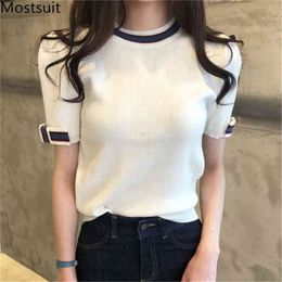 Spring Summer Korean Knitted Sweaters Tops Short Sleeve O-neck Vintage Fashion Office Pullover Femme 210513