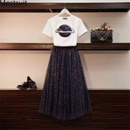 Plus Size Summer Two Piece Sets Women Short Sleeve T-shirts And Shiny Pleated Skirt Suits Casual Elegant Fashion Women's 210513