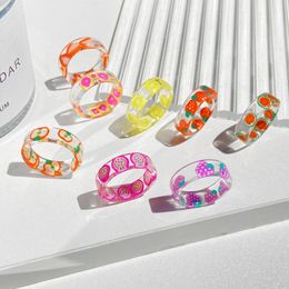 INS Fashion Fresh Fruits Transparent Resin Acrylic Ring For Women Girls New Design Strawberry Lemon Finger Jewelry Gifts
