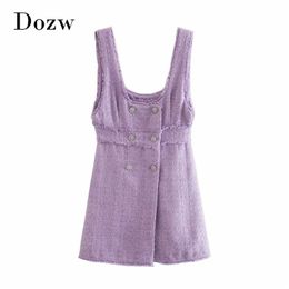 Women Sweet Spaghetti Strap Tweed Mini Dresses Double Breasted Chic Party A Line Tassel Purple Vestidos 210515