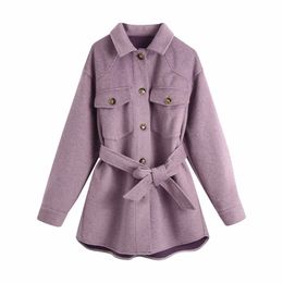 Fashion Women Wool Coats Autumn Purple Button-fly Ladies Long Jackets Casual Pockets Female Coat Sweet Girls Chic 210430