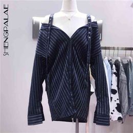 Spring Autumn Tops Slash Neck Long Sleeve Black Personality Striped Korean Fashion Women Shirt Loose FL425 210427