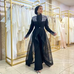 Elegante preto baile oufit vestidos de pescoço alto manga longa com casaco mulim especial ocn vestido macacão árabe dubai vestido de noite 326 326