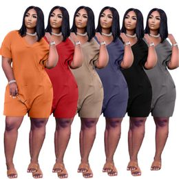 Womens Solid Colour Loose Rompers Fashion Trend V-neck Plus Size Short Sleeve Tops Shorts Designer Female Summer With Pockets Casual Jumpsuits