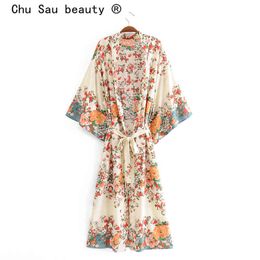 beauty Fashion Boho Floral Print Long Kimono Women Holiday V-neck Sashes Summer Loose Ladies Dresses 210514