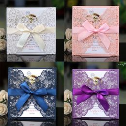 NEWWedding Invitation Cards Bowknot lace floral Laser Cut Hollow out cover full set Exquisite Greeting Cards Engagement Party Supplies RRD12