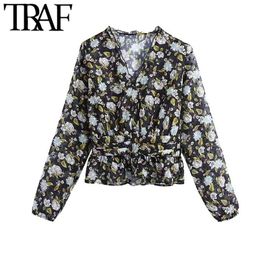 Women Fashion Semi-sheer Floral Print Ruffled Blouses Vintage Long Sleeve Elastic Waist Female Shirts Chic Tops 210507