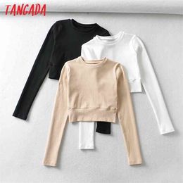 Tangada Women Basic Strethy Crop Cotton T Shirt Long Sleeve O Neck Tees Ladies Casual Tee Street Wear Top CH7 210720