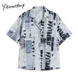 Yitimuceng Print Spliced Blouse Women Vintage Button Up Shirts Oversize V-Neck Summer Korean Fashion Short Sleeve Tops 210601
