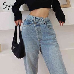 Syiwidii Irregular High Waisted Mom Jeans for Women Straight Street Full Length Denim Pants Clothes Fashion Spliced 211129