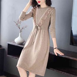 Autumn And Winter Mid-length Knee-length Slimming Waist Lace Stitching Sweater Knitted Inner Bottoming Dress Women 210427