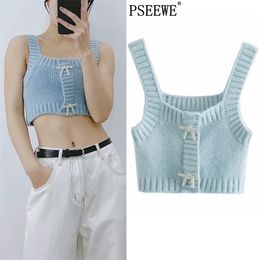 Blue Cropped Knitted Sweater Vest Women Wide Straps Sleeveless Woman Fashion Buttons Tank Top 210519