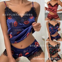 sexy Pyjamas Women's eyelash lace decorative dot printed Satin suspender Pyjama set leisure home clothes